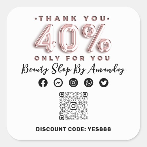 Thank Shopping 40 Off QR CODE Logo Discount White Square Sticker