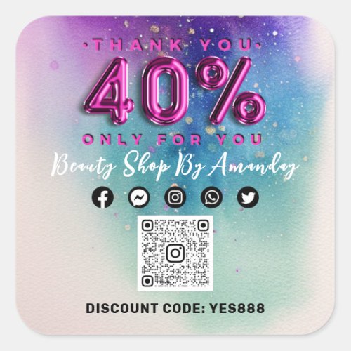 Thank Shopping 40Off QR CODE Logo Pink Square Sticker