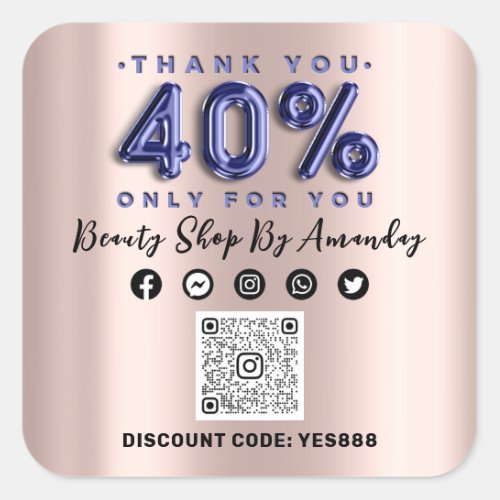 Thank Shopping 40Off QR CODE Rose Blue Square Sticker