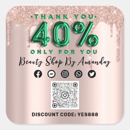 Thank Shopping 40Off QR CODE Rose Green Square Sticker