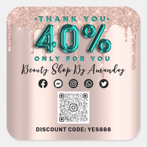 Thank Shopping 40Off QR CODE Rose Teal Square Sticker