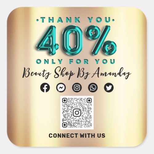 Thank Shopping 40Off QR CODE Teal Gold Square Sticker