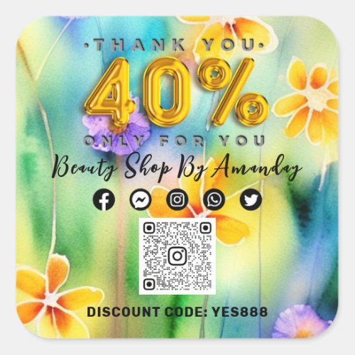 Thank Shopping 40 Off QRCODE Logo Discount Flower Square Sticker