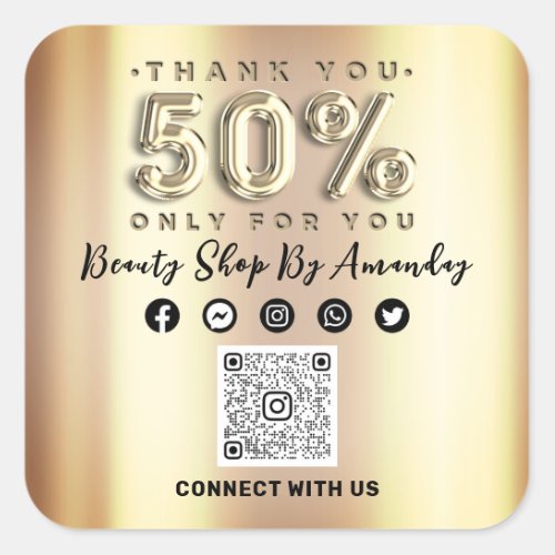 Thank Shopping 50Off QR CODE Faux Gold Square Sticker