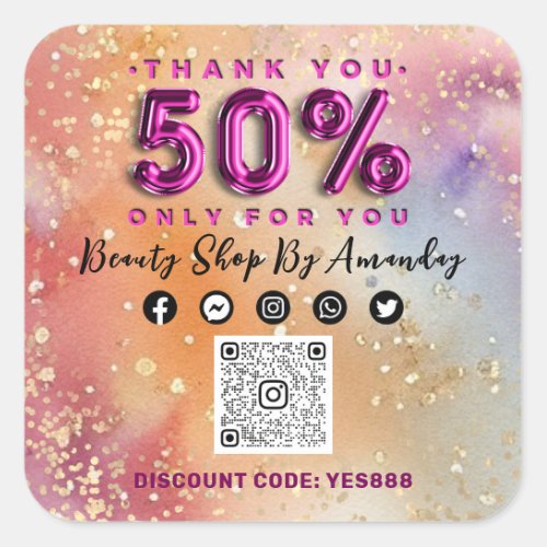 Thank Shopping 50Off QR CODE Logo Abstract Pink  Square Sticker