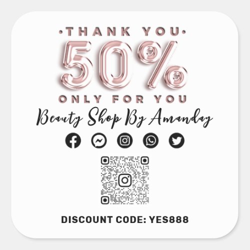 Thank Shopping 50 Off QR CODE Logo Discount White Square Sticker
