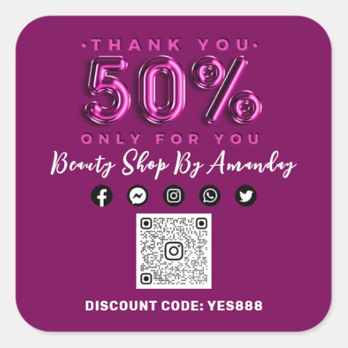 Thank Shopping 50Off QR CODE Logo Pink  Berry Square Sticker