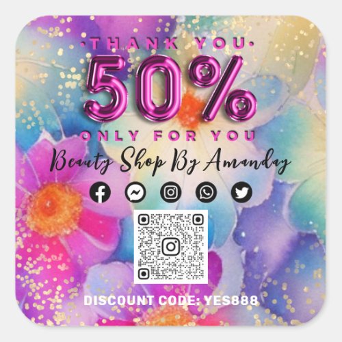 Thank Shopping 50Off QR CODE Logo Pink Flowers Square Sticker