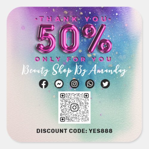 Thank Shopping 50Off QR CODE Logo Pink Square Sticker