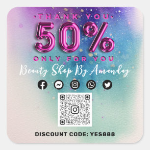 Thank Shopping 50%Off QR CODE Logo Pink Square Sticker