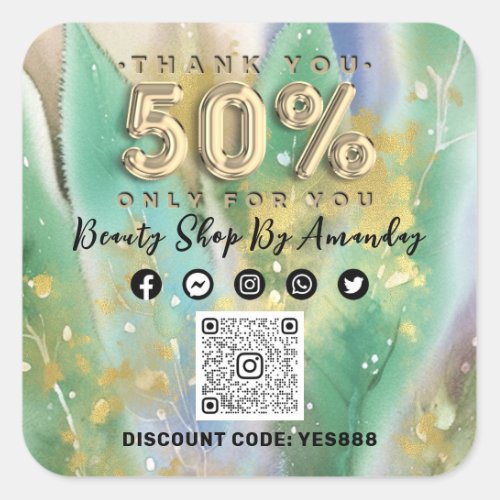 Thank Shopping 50Off QR CODE Mint Green Square Sticker