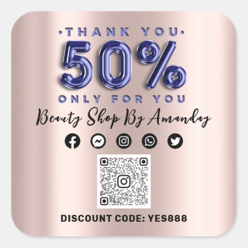 Thank Shopping 50Off QR CODE Rose Blue Square Sticker