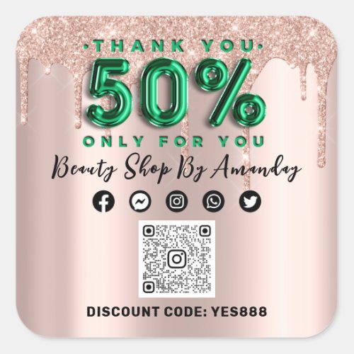 Thank Shopping 50Off QR CODE Rose Green Square Sticker