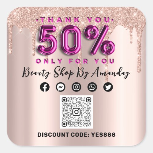 Thank Shopping 50Off QR CODE Rose Pink  Square Sticker