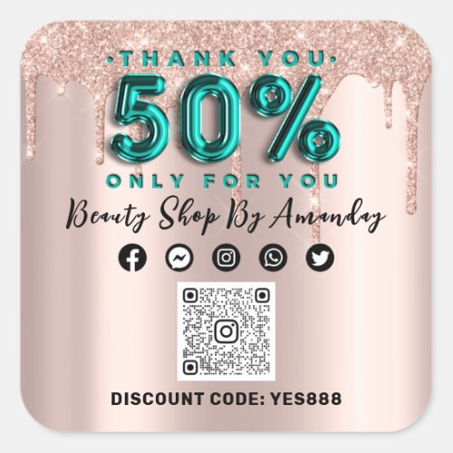 Thank Shopping 50Off QR CODE Rose Teal Square Sticker