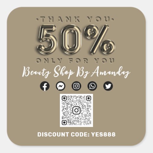 Thank Shopping 50Off QR CODE Sepia Gold Square Sticker