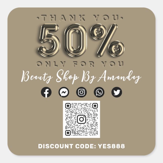 Thank Shopping 50%Off QR CODE Sepia Gold Square Sticker (Front)