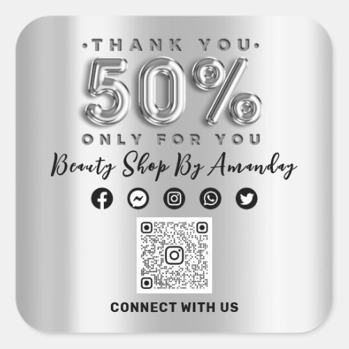Thank Shopping 50Off QR CODE Silver Gray Square Sticker