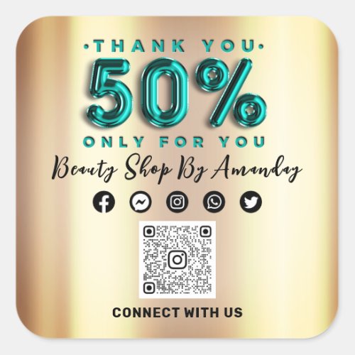 Thank Shopping 50Off QR CODE Teal Gold Square Sticker