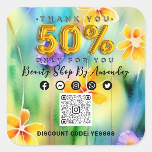 Thank Shopping 50 Off QRCODE Logo Discount Flower Square Sticker