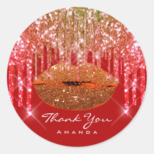 Thank Small Business Name Glitter DripS Red  Lips Classic Round Sticker