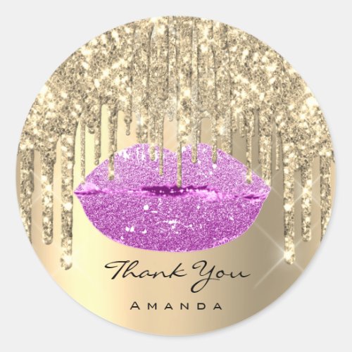 Thank Small Business Name Gold Pink Glitter Lips Classic Round Sticker