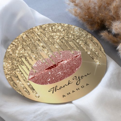 Thank Small Business Name Gold Rose Glitter Lips Classic Round Sticker
