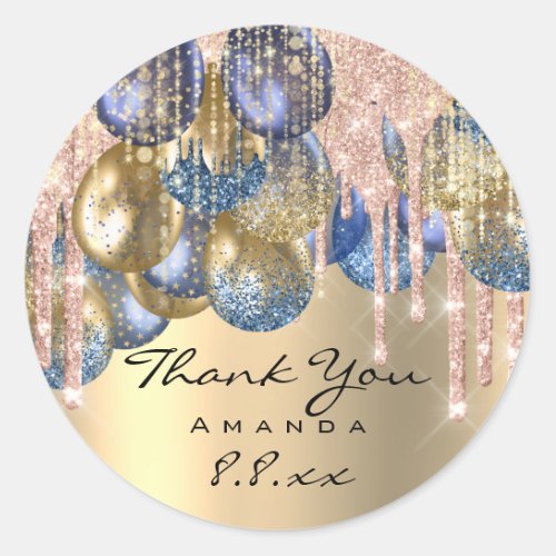 Thank Sweet 16th Birthday Ballons Blue Gold Drips Classic Round Sticker