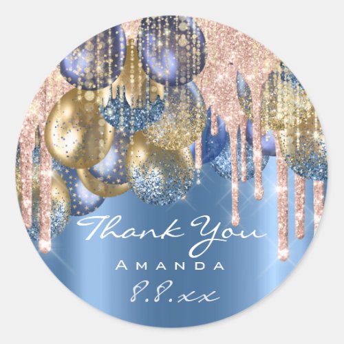 Thank Sweet 16th Birthday Ballons Blue Gold Drips Classic Round Sticker
