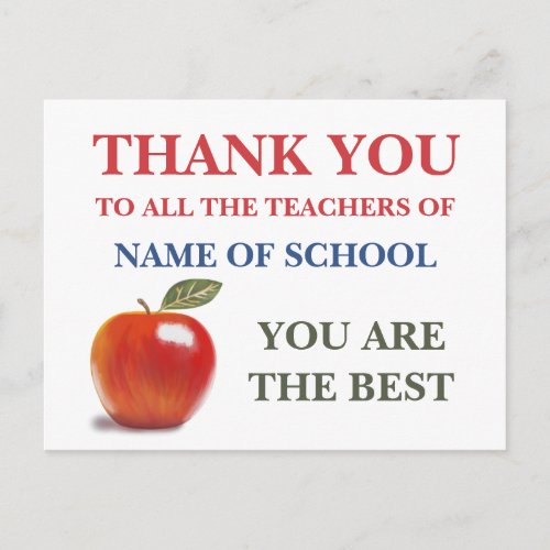 Thank Teachers You Are The Best Red Apple Postcard