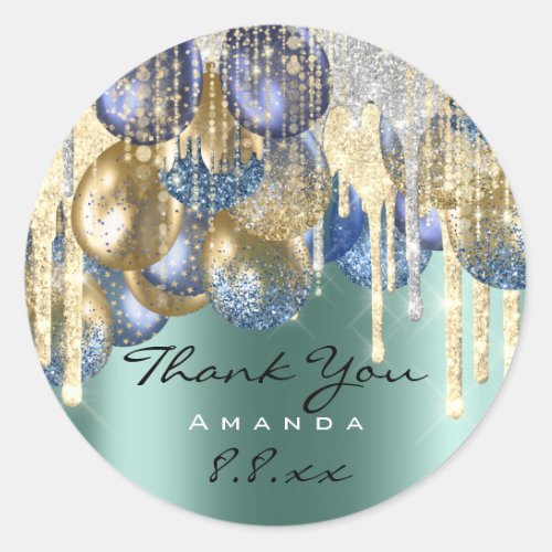 Thank Wedding Birthday Ballon Teal Drips Gold Drip Classic Round Sticker