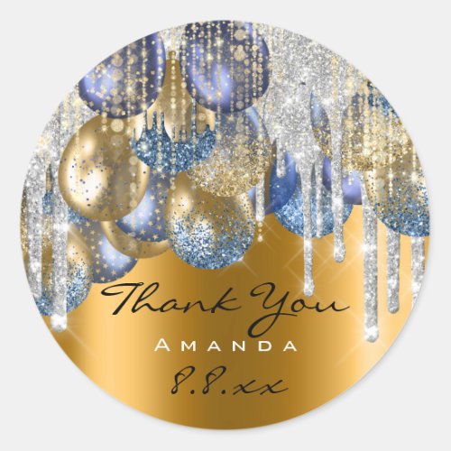 Thank Wedding Birthday Ballons Blue Drips Gold Classic Round Sticker