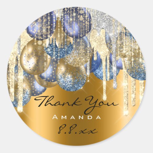 Thank Wedding Birthday Ballons Blue Drips Gold vip Classic Round Sticker