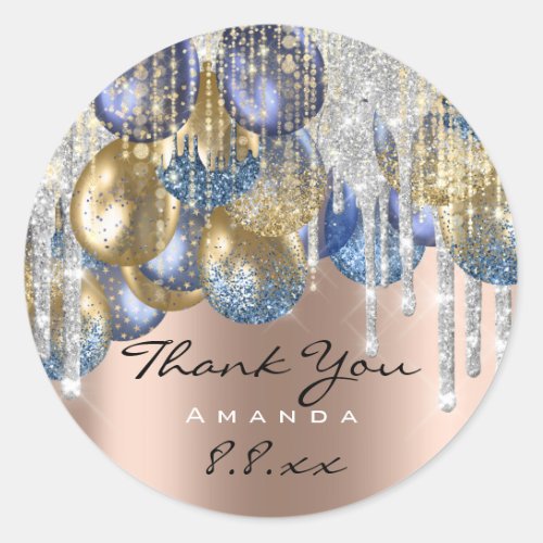 Thank Wedding Birthday Ballons Blue Silver Drips Classic Round Sticker