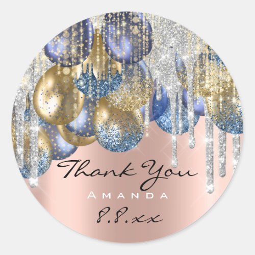 Thank Wedding Birthday Ballons Blue Silver Rose Classic Round Sticker