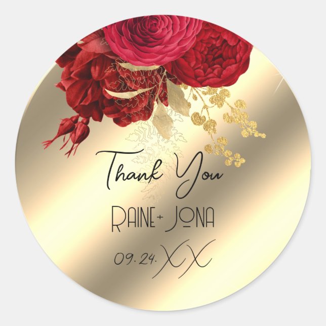 Thank Wedding Favor Bridal Sweet 16th Red Gold  Classic Round Sticker (Front)
