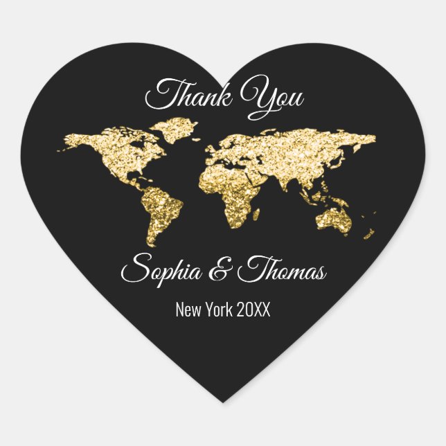Thank Wedding Golden World Destination Map Heart Sticker (Front)