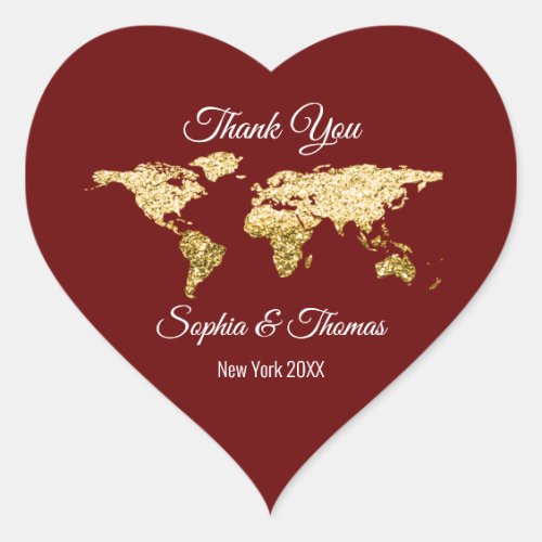 Thank Wedding Golden World Destination Map Maroon Heart Sticker