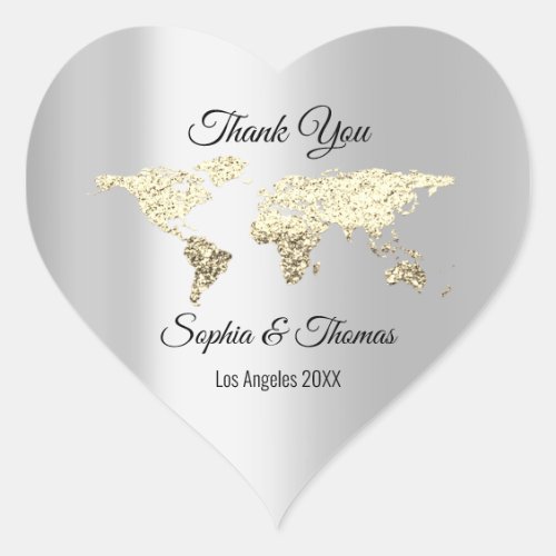 Thank Wedding World Map Destination Gold Heart Heart Sticker