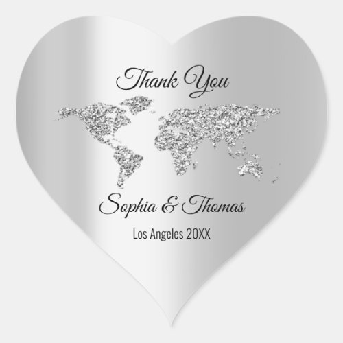 Thank Wedding World Map Destination Gray Heart Heart Sticker