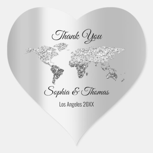 Thank Wedding World Map Destination Gray Heart Heart Sticker