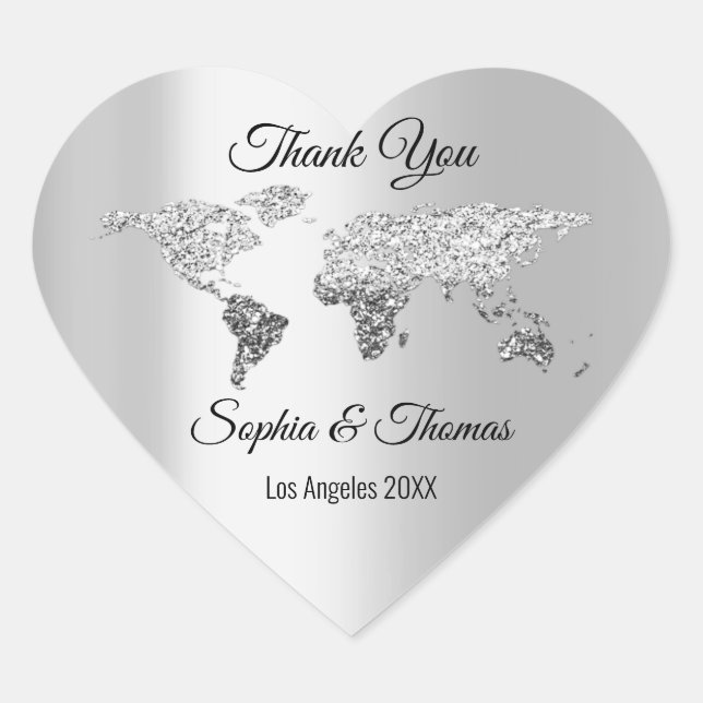Thank Wedding World Map Destination Gray Heart Sticker (Front)