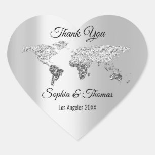 Thank Wedding World Map Destination Gray Heart Sticker
