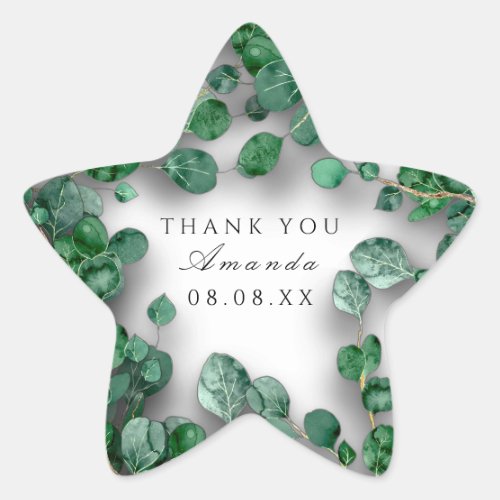 Thank White Gray Green Eucalyptus Woodland Favor Star Sticker