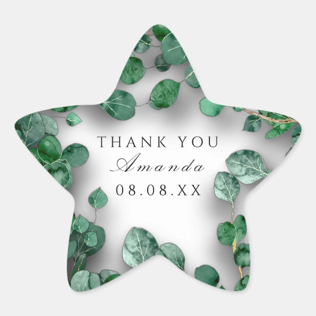 Thank White Gray Green Eucalyptus Woodland Favor Star Sticker (Front)