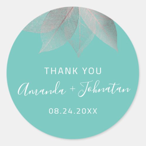 Thank Yo Rose Gold Leaf Name Date White Blush Aqua Classic Round Sticker