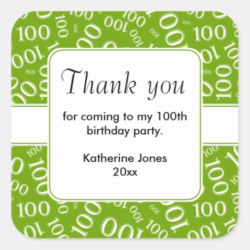 Thank You 100th GreenWhite Number Pattern Square Sticker