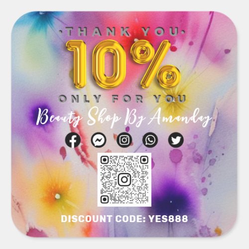 Thank You  10 Off QRCODE Logo Discount Flowers Square Sticker
