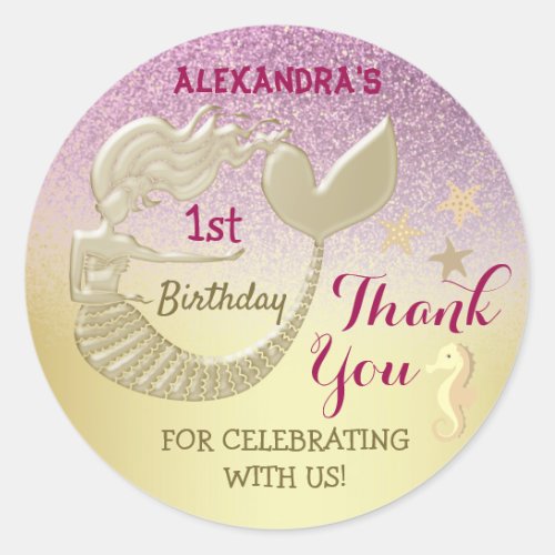 Thank You 1st Birthday Mermaid Pink and Gold Classic Round Sticker