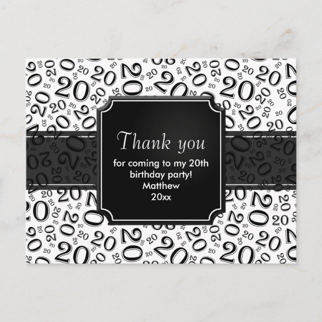 Thank You 20th Birthday Number Pattern Black/White Postcard (Front)